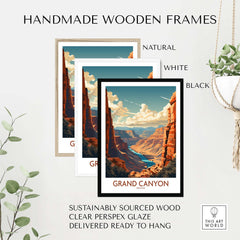 Handmade wooden frames for Grand Canyon wall art in natural, white, and black styles, sustainably sourced and ready to hang.