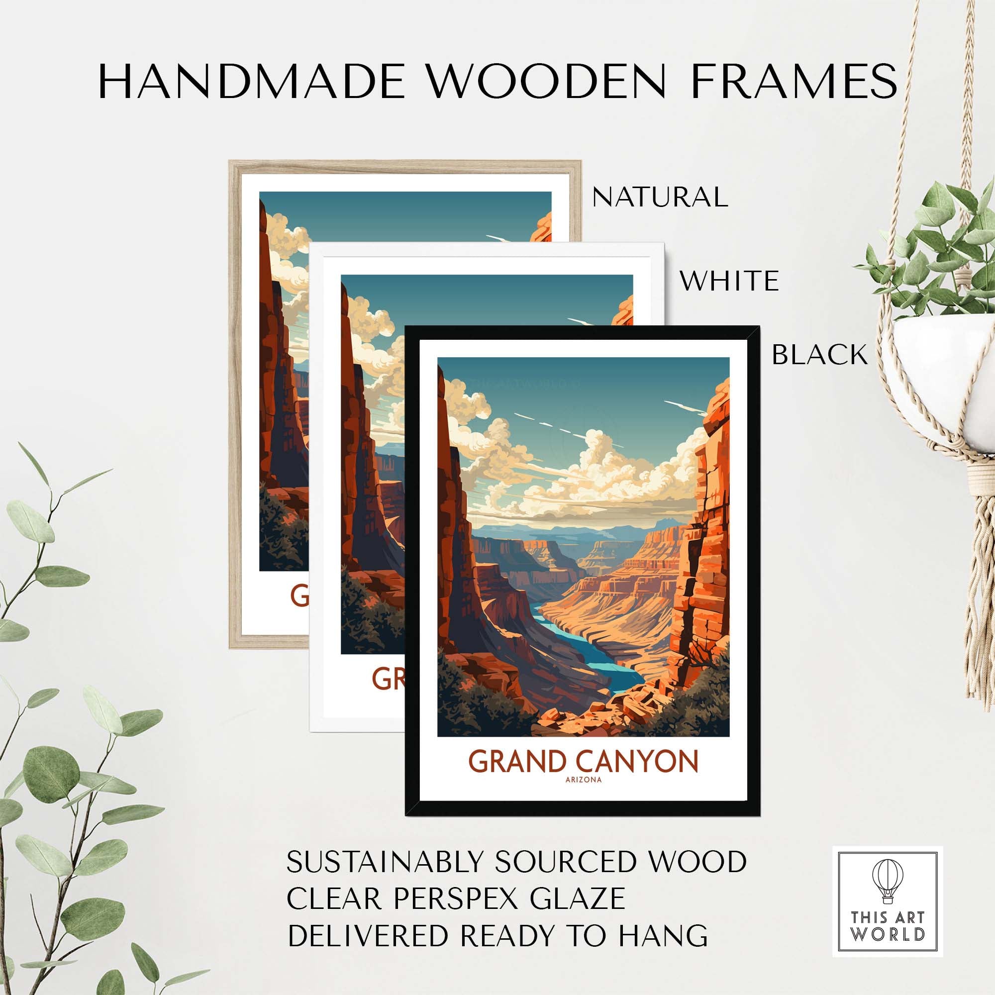 Handmade wooden frames for Grand Canyon wall art in natural, white, and black styles, sustainably sourced and ready to hang.