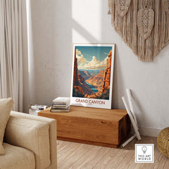 Grand Canyon wall art poster in modern style displayed in a cozy living room with natural decor elements.