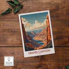Grand Canyon poster art print showcasing Arizona's stunning landscape in modern style on a wooden background.