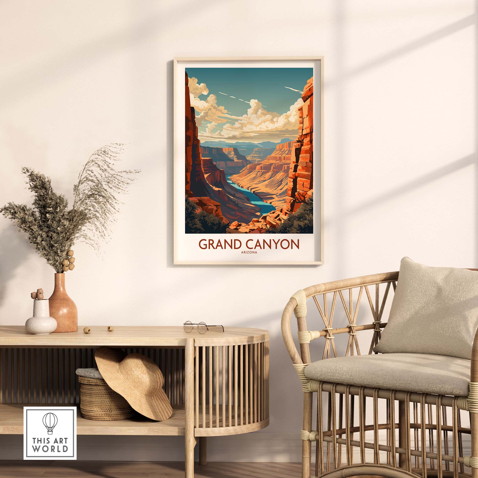 Grand Canyon wall art featuring a modern design, displayed in a stylish living room setting with natural decor elements.
