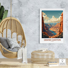 Grand Canyon wall art in modern style displayed in a cozy interior with a hanging chair and decorative elements.