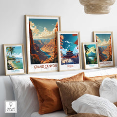 Modern Grand Canyon wall art showcased alongside travel posters, enhancing home decor with stunning landscapes.