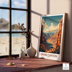 Grand Canyon wall art poster in modern style displayed by a window, showcasing stunning Arizona landscape.