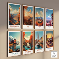 Grand Canyon wall art poster alongside travel-themed prints of Paris, Florence, Tokyo, Reykjavik, Amsterdam, Copenhagen, and Barcelona.