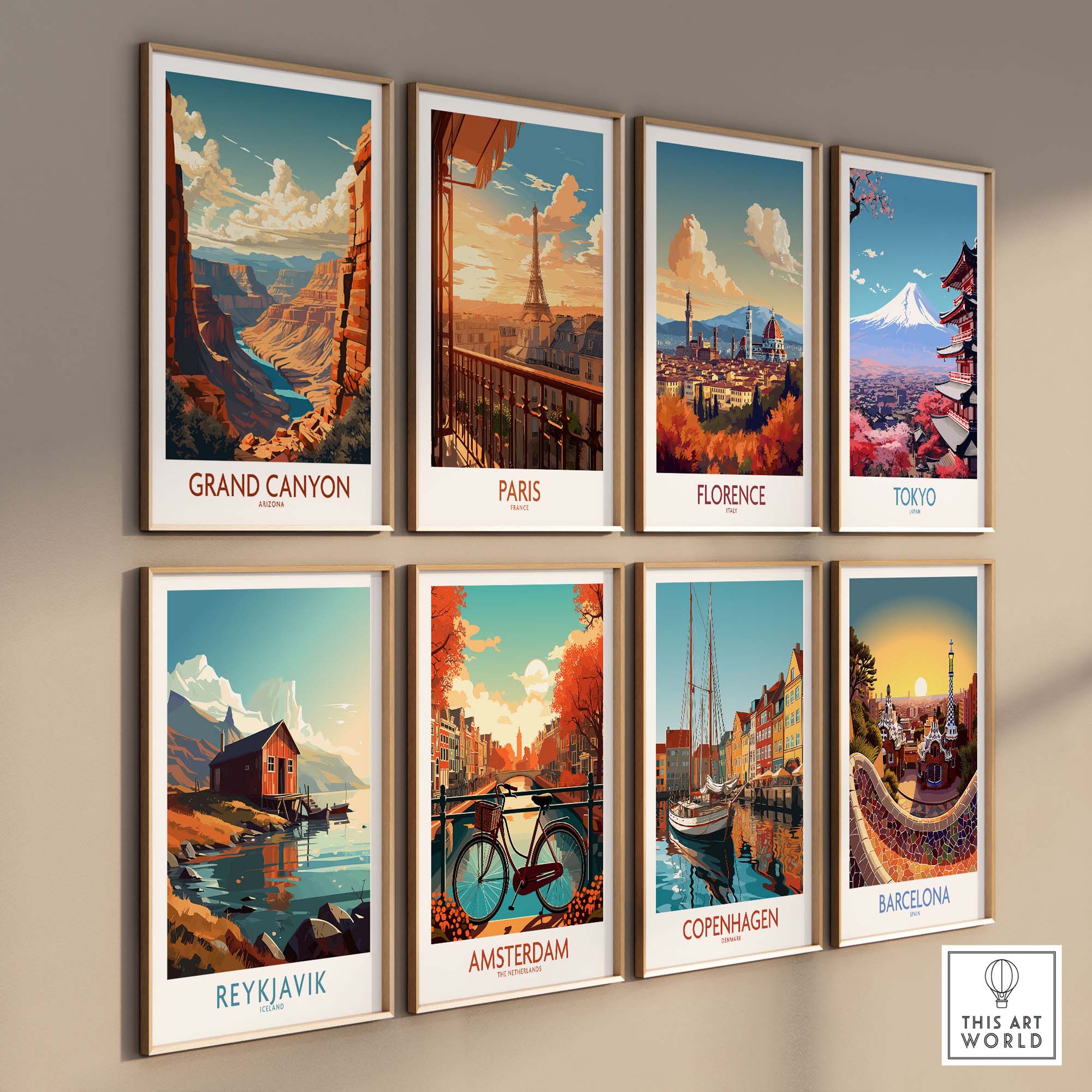Grand Canyon wall art poster alongside travel-themed prints of Paris, Florence, Tokyo, Reykjavik, Amsterdam, Copenhagen, and Barcelona.