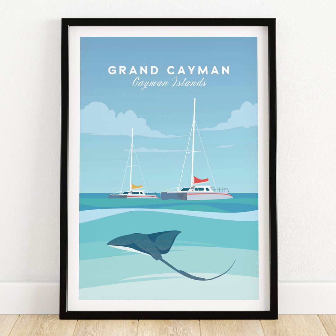 Grand Cayman Wall Art Poster featuring boats and a stingray in a tropical sea.