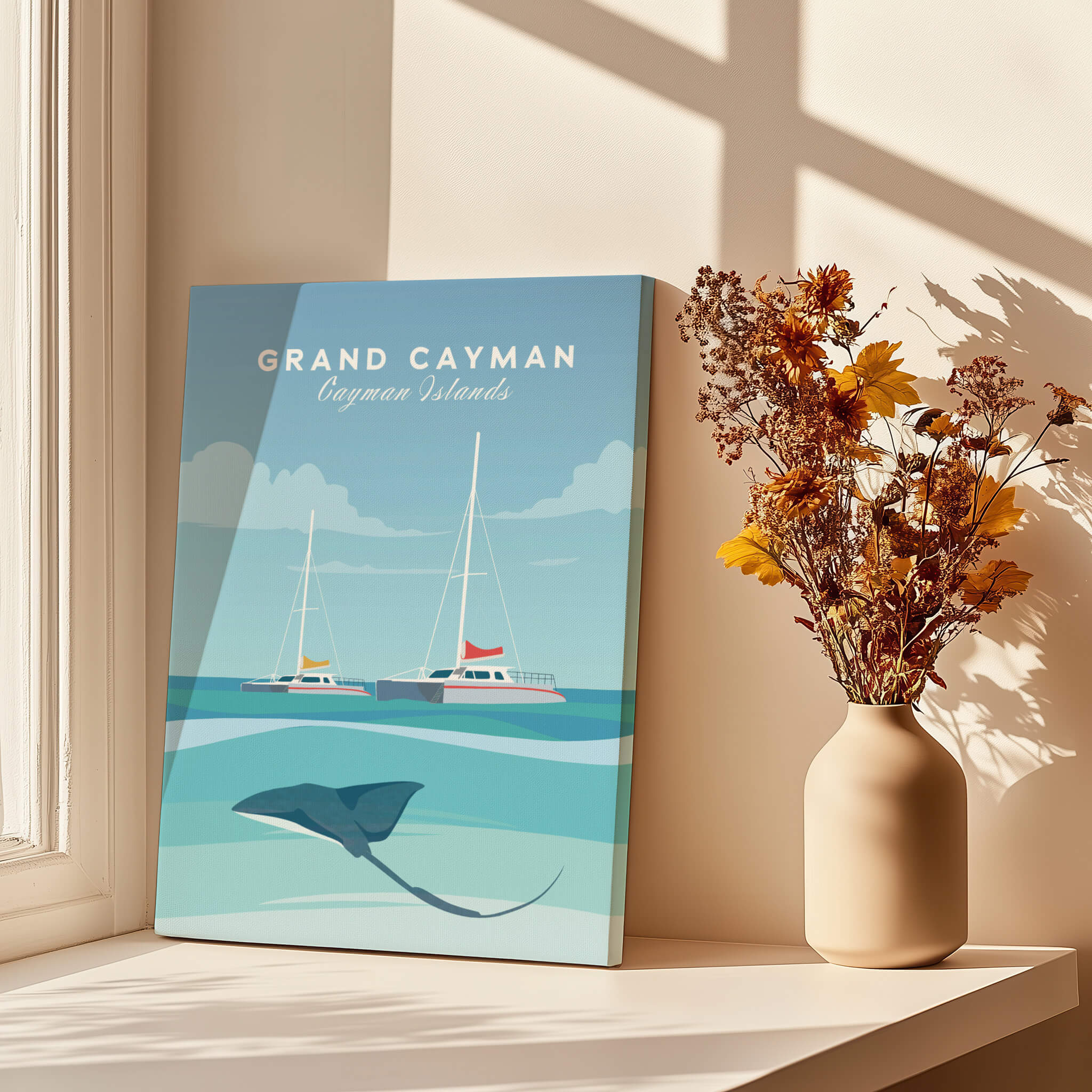 Grand Cayman Wall Art Poster featuring sailboats and a stingray in a serene ocean scene.