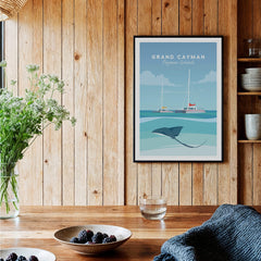 Grand Cayman Wall Art Poster featuring a serene seascape with boats and a stingray.