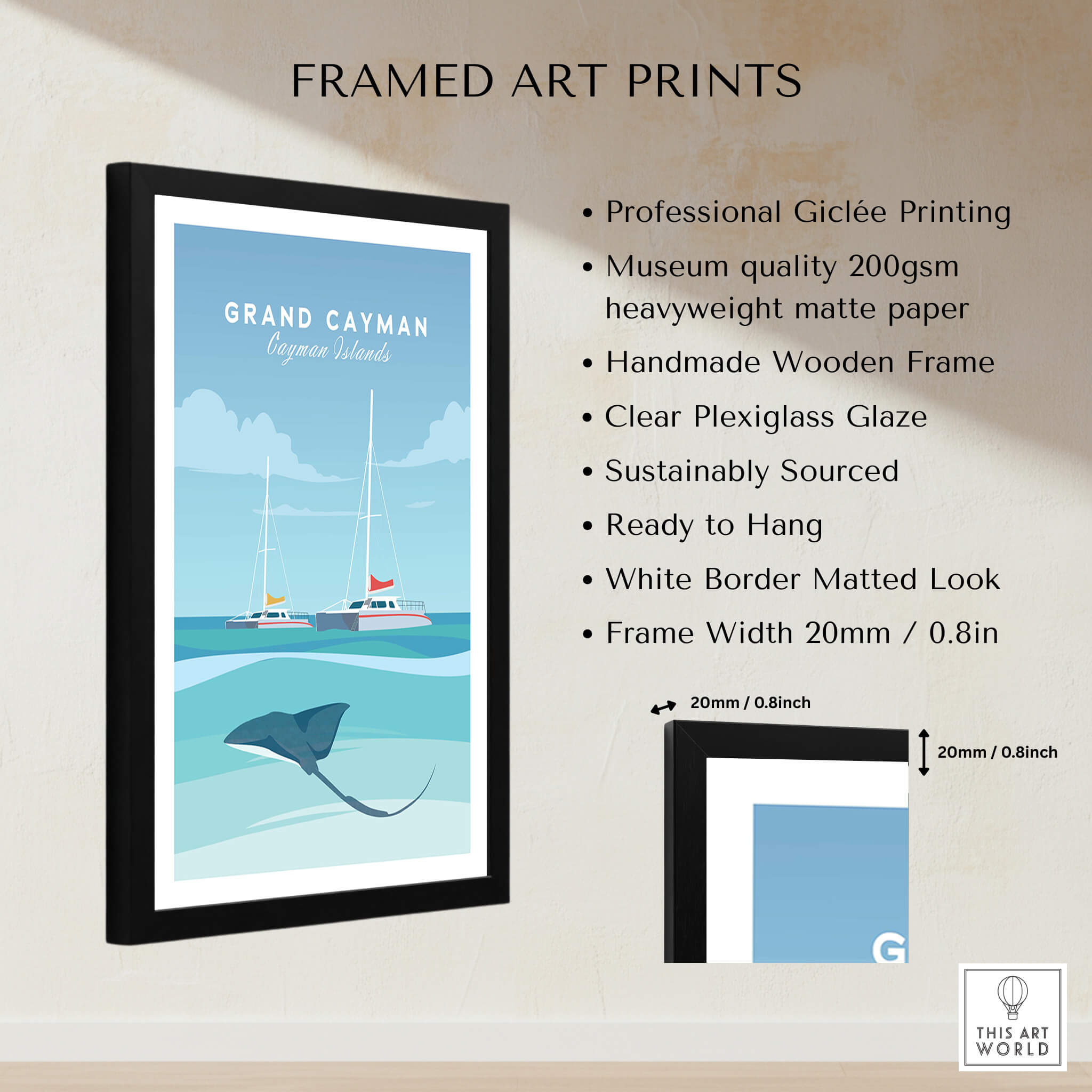 Grand Cayman Wall Art Poster featuring a vintage-inspired design with a clear frame and museum-quality print.