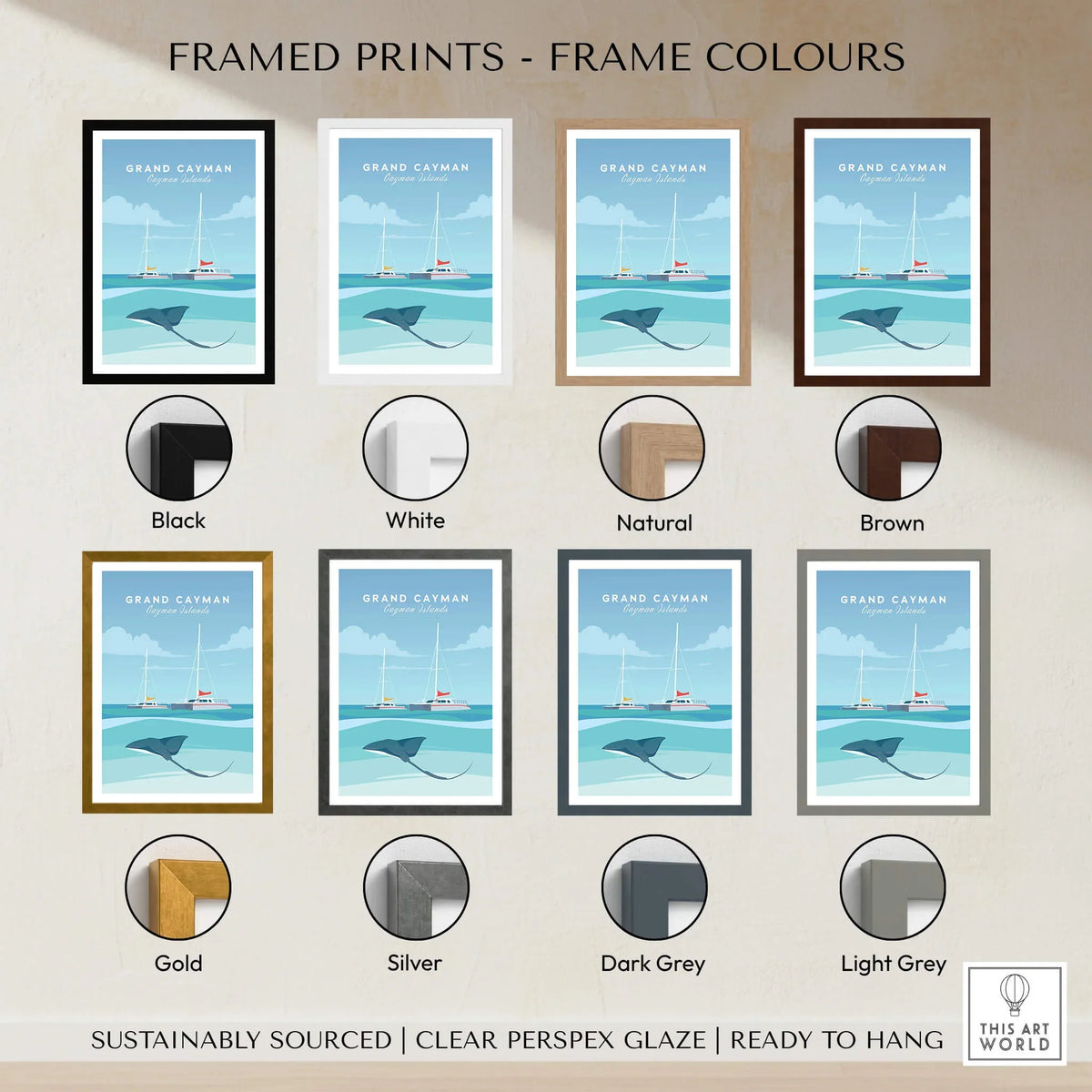 Framed prints in various colors featuring the Grand Cayman Wall Art Poster, ready to hang, sustainably sourced.