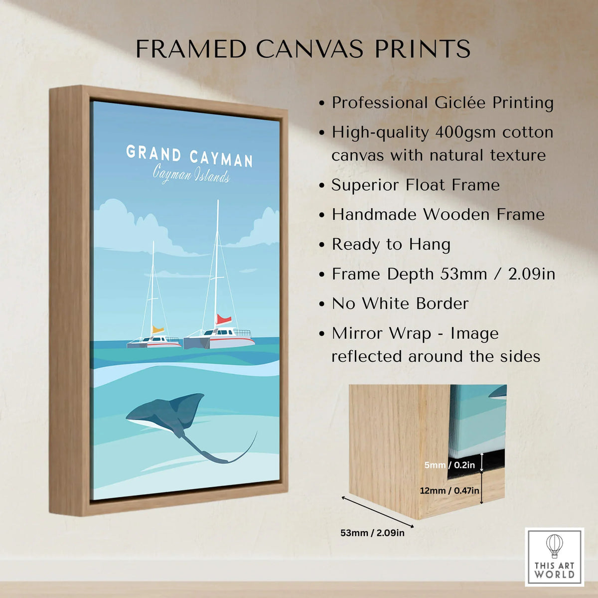 Grand Cayman Wall Art Poster framed canvas print showcasing sailboats and a stingray.