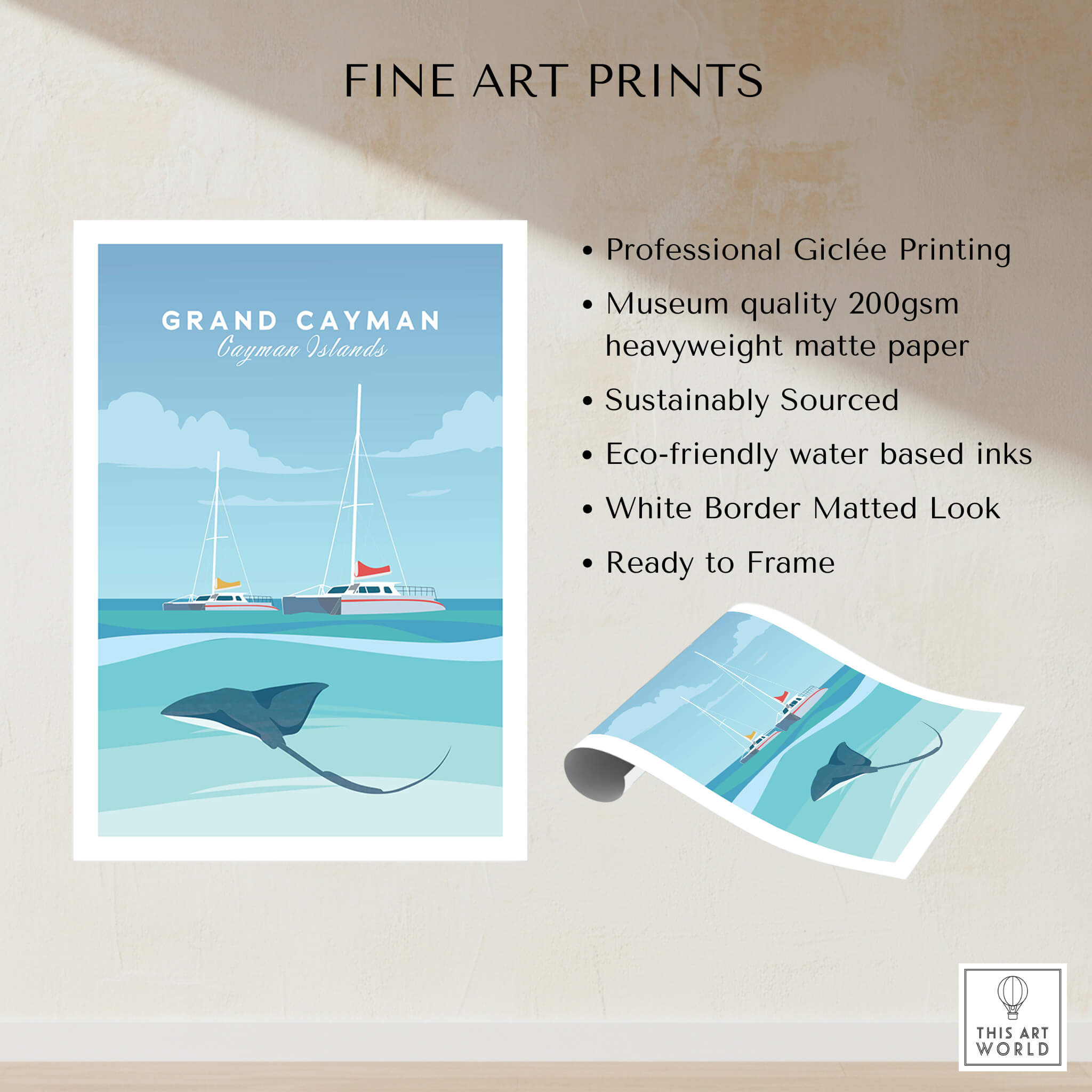 Grand Cayman Wall Art Poster featuring a stingray and boats on the water, designed with eco-friendly materials.