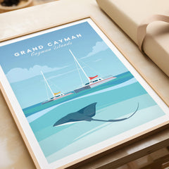 Grand Cayman Wall Art Poster featuring a stingray and sailboats in vibrant blue hues.
