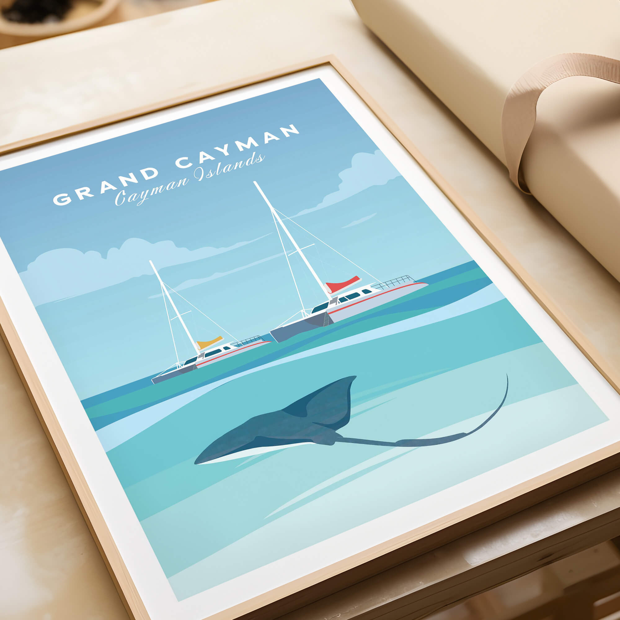 Grand Cayman Wall Art Poster featuring a stingray and sailboats in vibrant blue hues.
