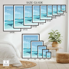 Size guide for Grand Cayman Wall Art Poster displaying various frame sizes and dimensions.