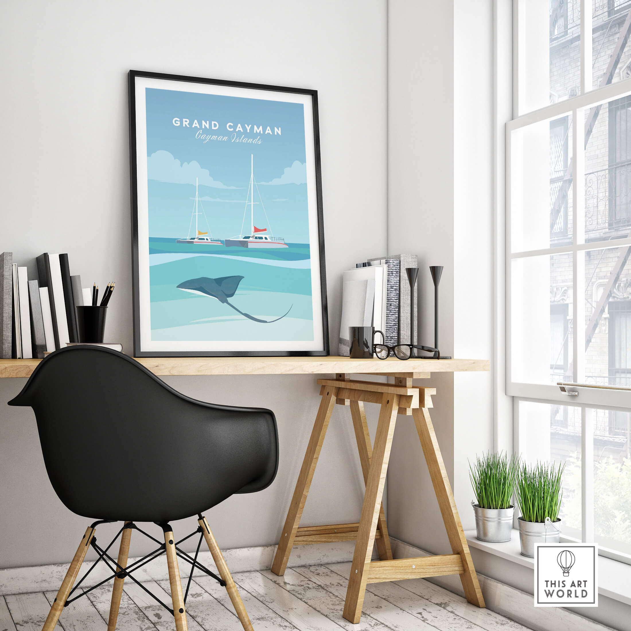 Grand Cayman Wall Art Poster showcasing a serene coastal scene with boats and a stingray in a stylish office setting.