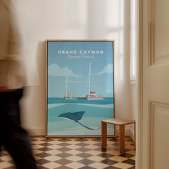 Grand Cayman Wall Art Poster featuring a serene ocean scene with sailboats and a stingray in a stylish setting.