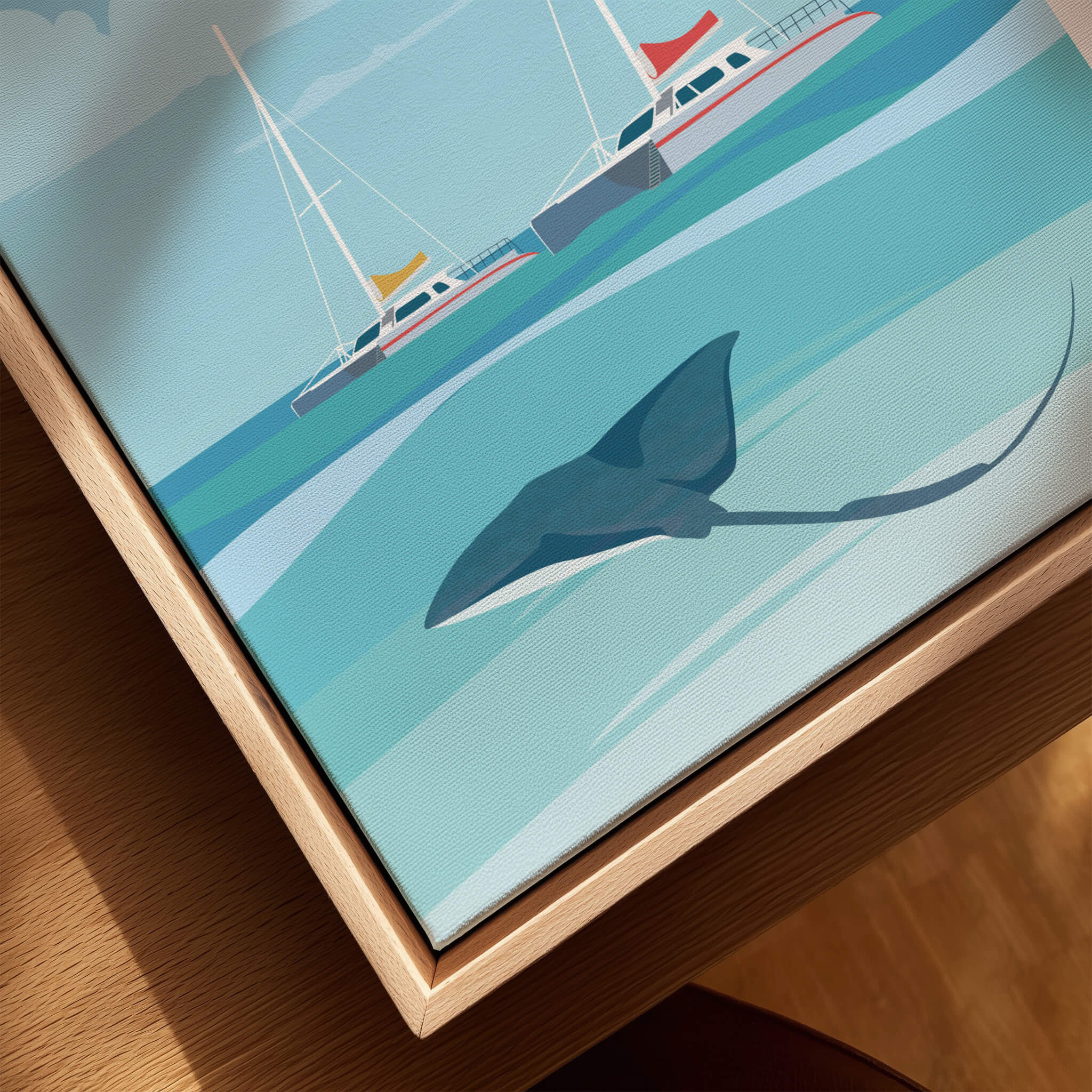 Grand Cayman Wall Art Poster featuring a stingray swimming near boats on a tranquil ocean background.