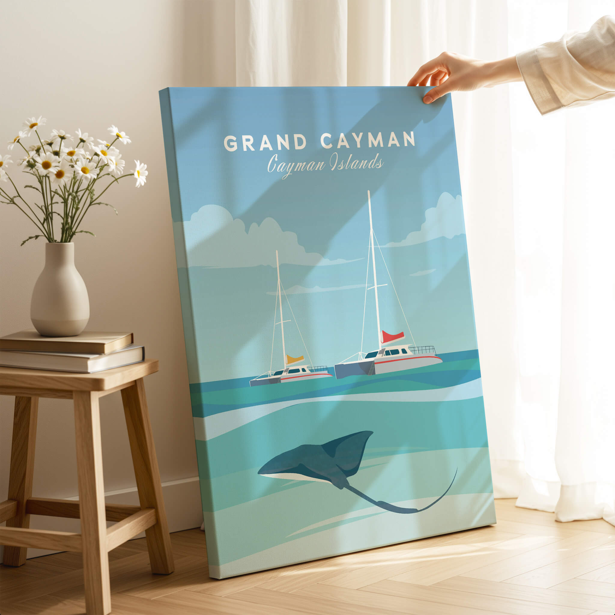 Grand Cayman Wall Art Poster featuring vibrant turquoise waters and sailboats, perfect for travel enthusiasts.