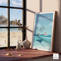 Grand Cayman Wall Art Poster displayed in a modern interior setting with beach view and decorative elements.