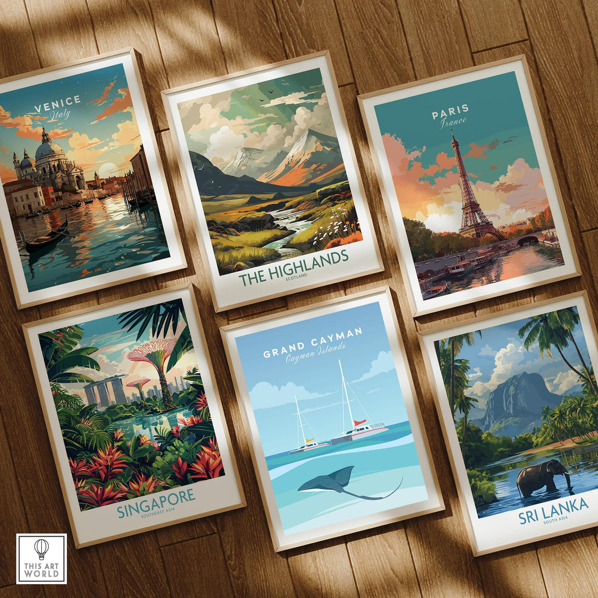 Grand Cayman Wall Art Poster among vintage travel posters of Venice, Paris, Singapore, The Highlands, and Sri Lanka.