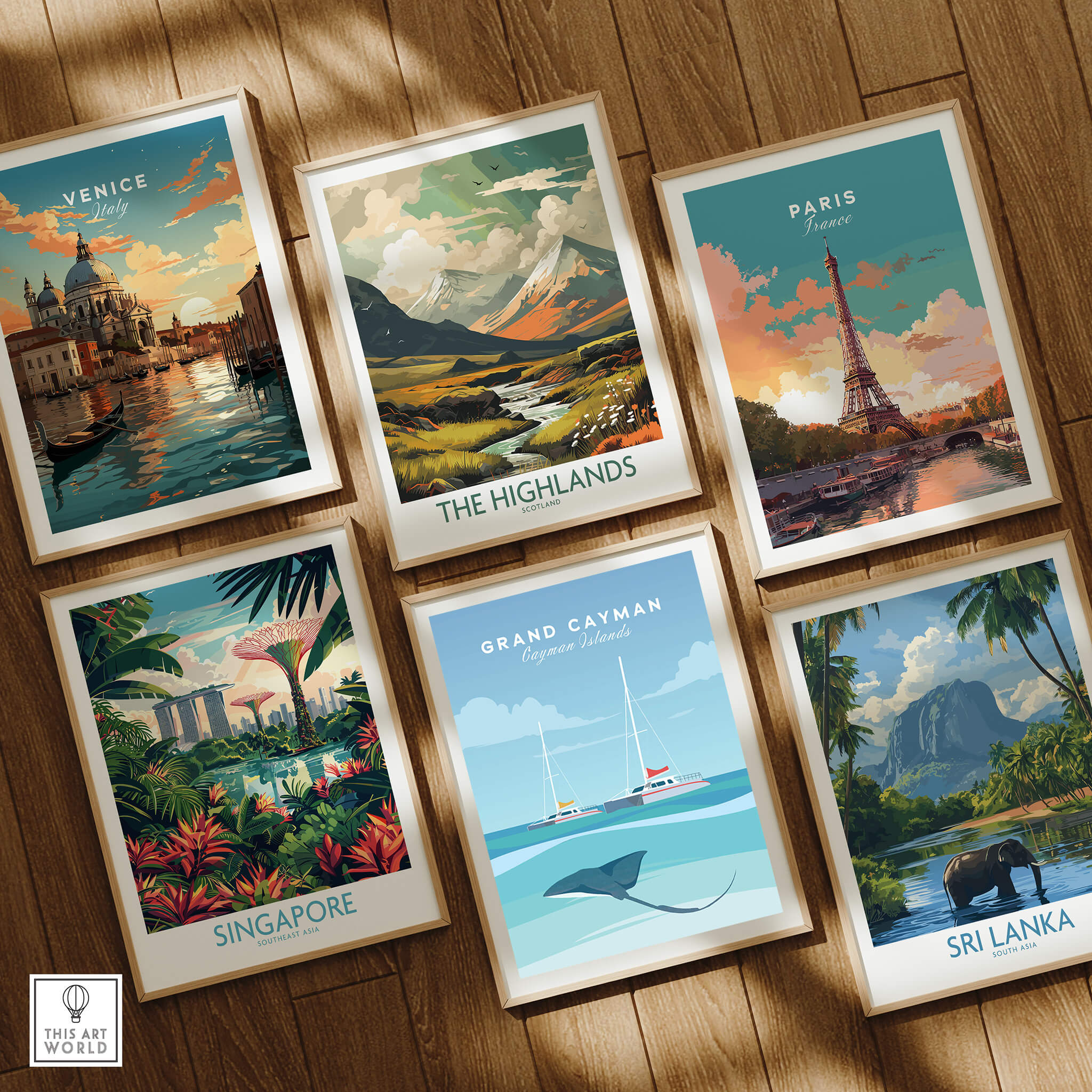 Grand Cayman Wall Art Poster among vintage travel posters of Venice, Paris, Singapore, The Highlands, and Sri Lanka.