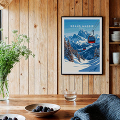 Grand Massif Ski Print showcasing iconic mountain range and ski lift in a cozy interior setting.