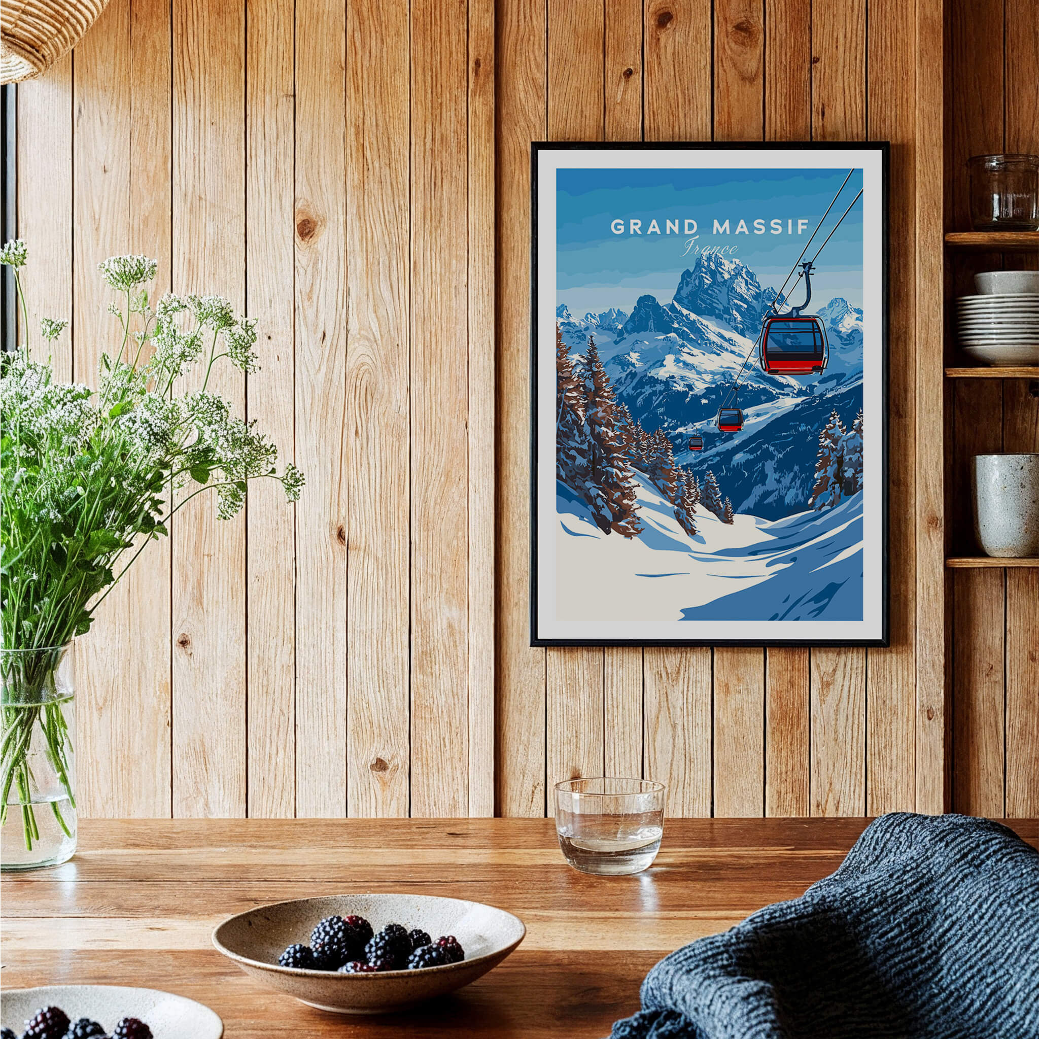 Grand Massif Ski Print showcasing iconic mountain range and ski lift in a cozy interior setting.