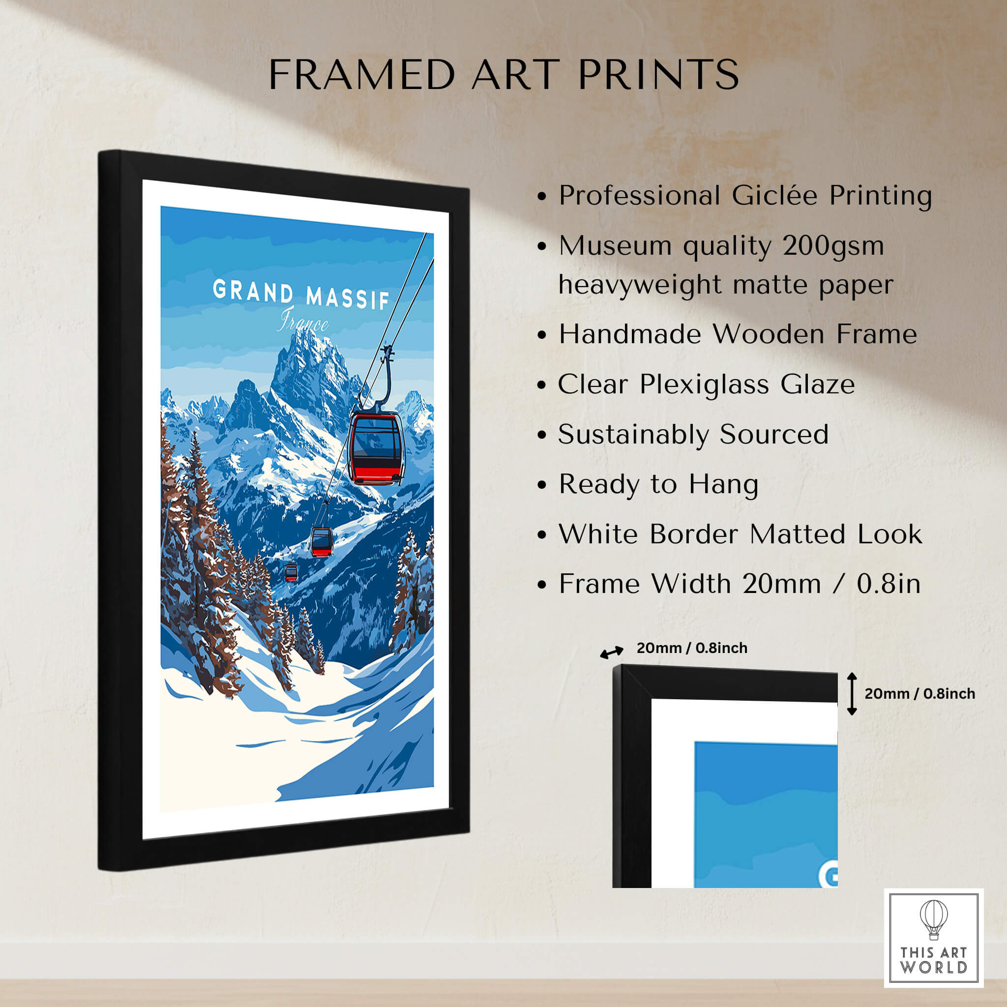 Grand Massif Ski Print framed art showcasing mountains and ski lifts, perfect for home or office décor.