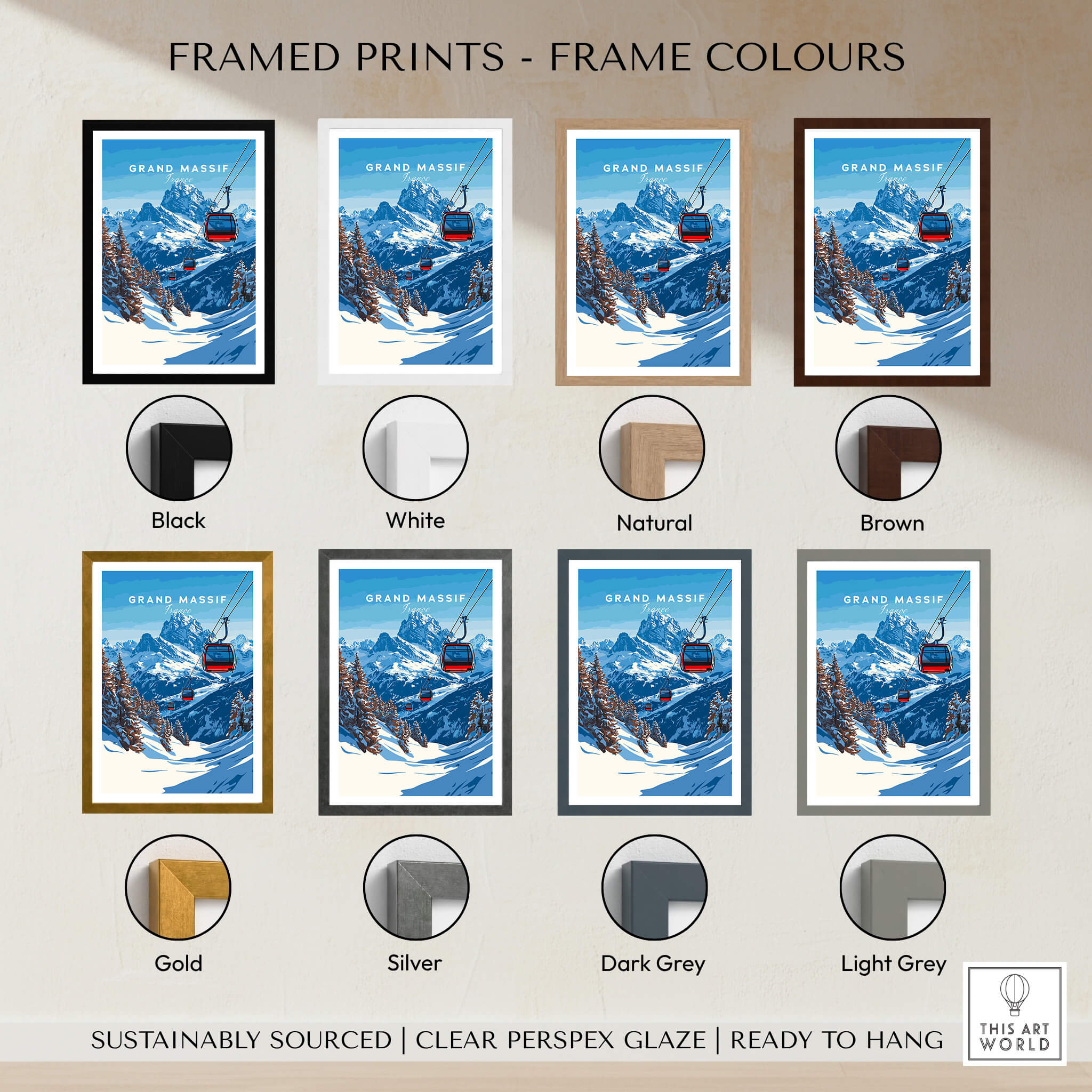 Various frame color options for Grand Massif Ski Print including black, white, natural, brown, gold, silver, dark grey, and light grey.