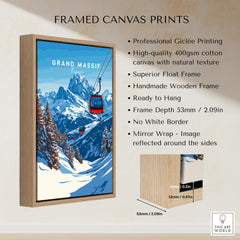 Framed Grand Massif Ski Print featuring a ski gondola, mountains, and blue sky, ready to hang in any space.