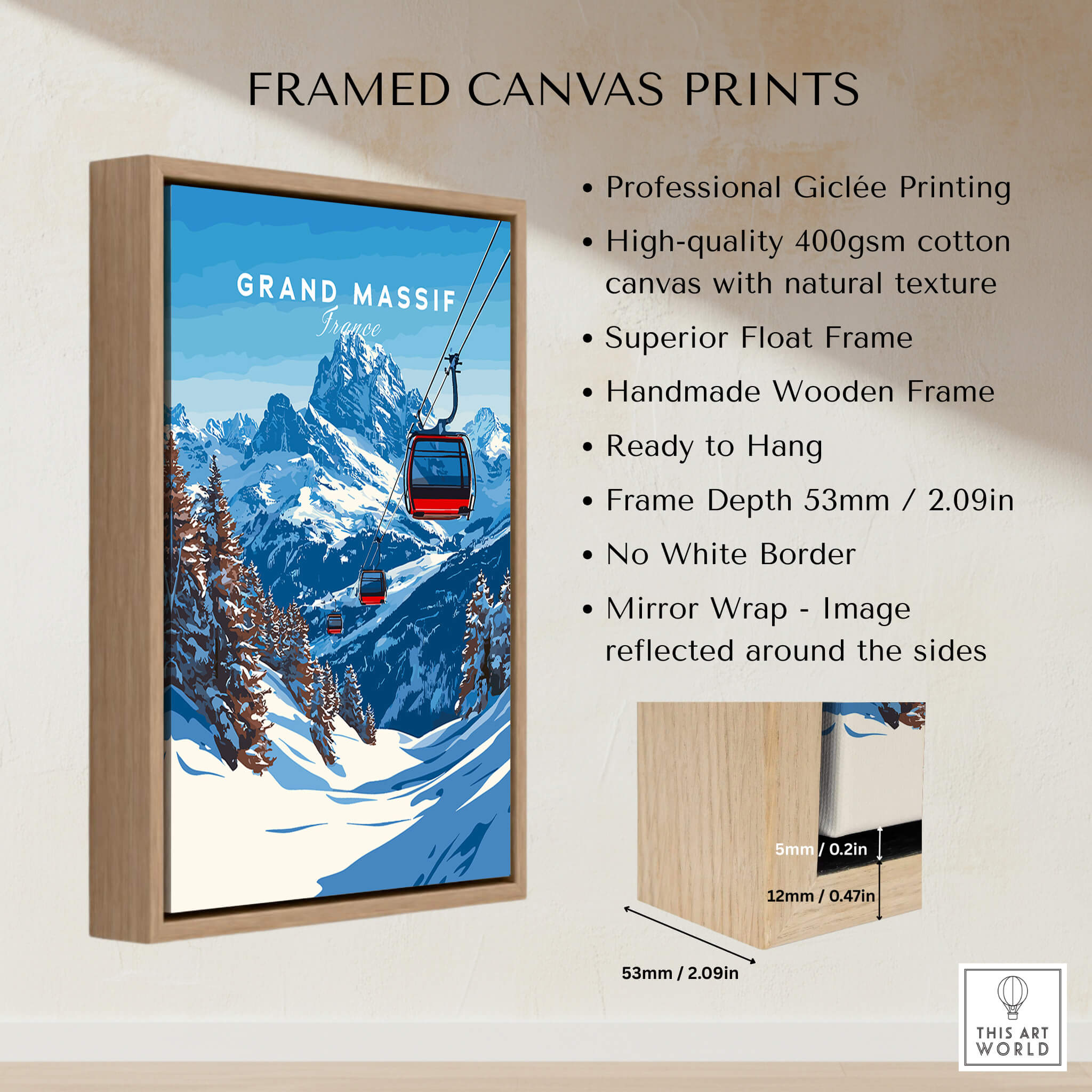 Framed Grand Massif Ski Print featuring a ski gondola, mountains, and blue sky, ready to hang in any space.