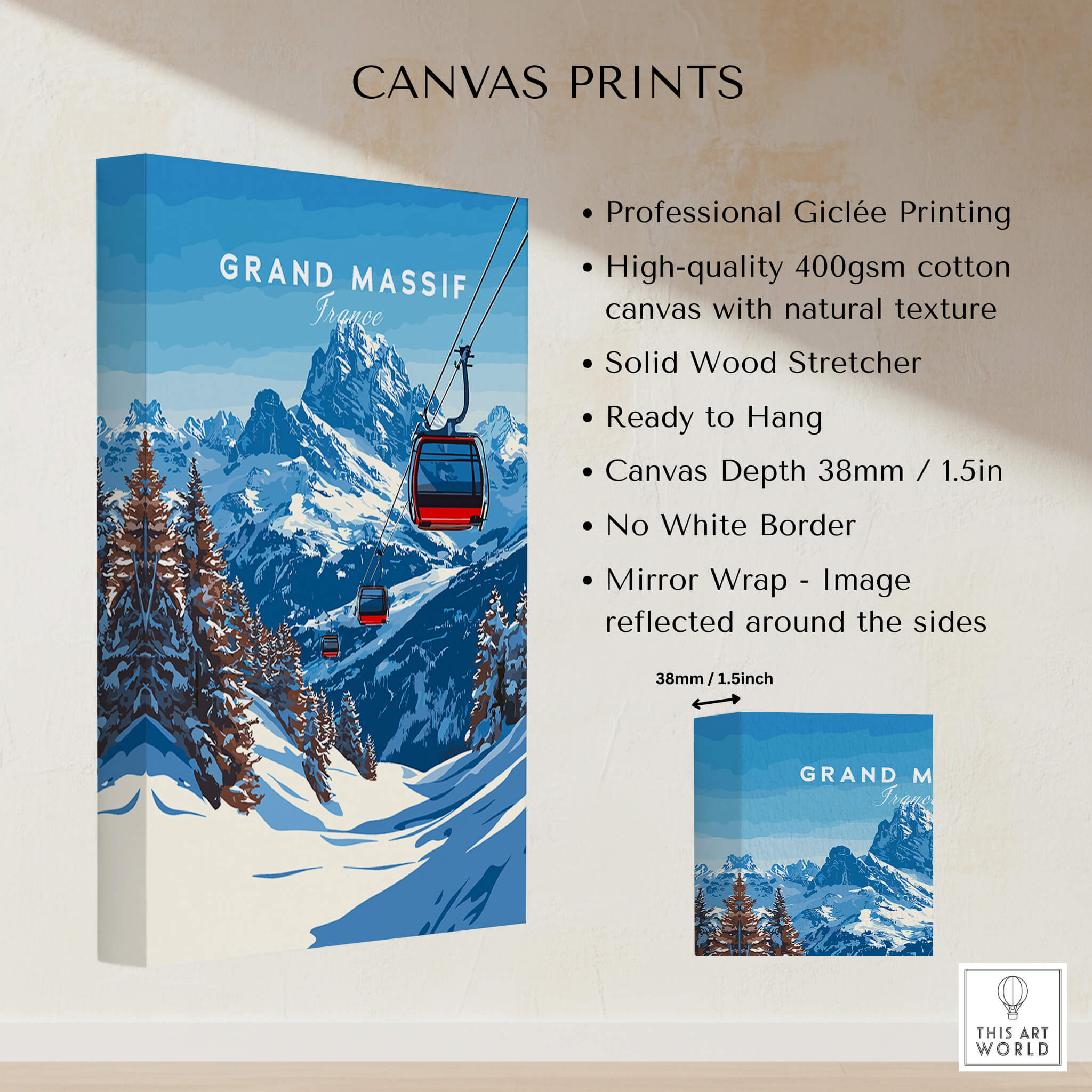 Grand Massif Ski Print - Canvas print featuring the Grand Massif mountain range and ski gondola.