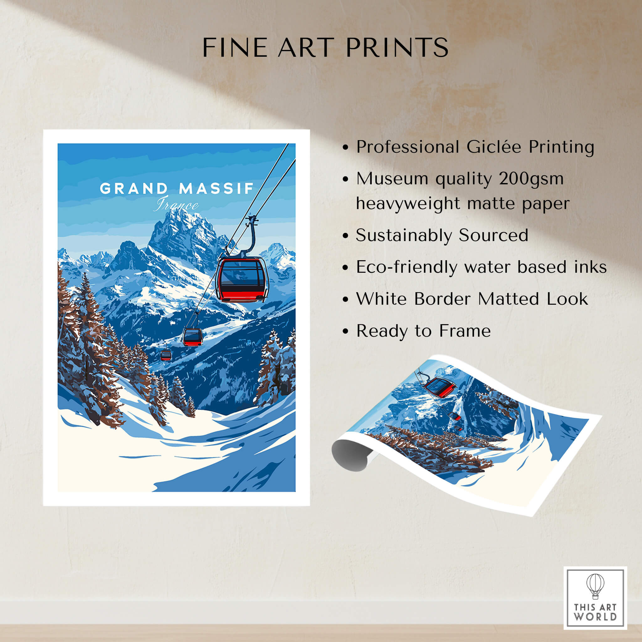 Grand Massif Ski Print featuring a ski gondola against a majestic mountain backdrop, perfect for skiing enthusiasts.