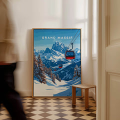Grand Massif Ski Print featuring a scenic view of the mountain range and ski lift in a stylish interior setting.