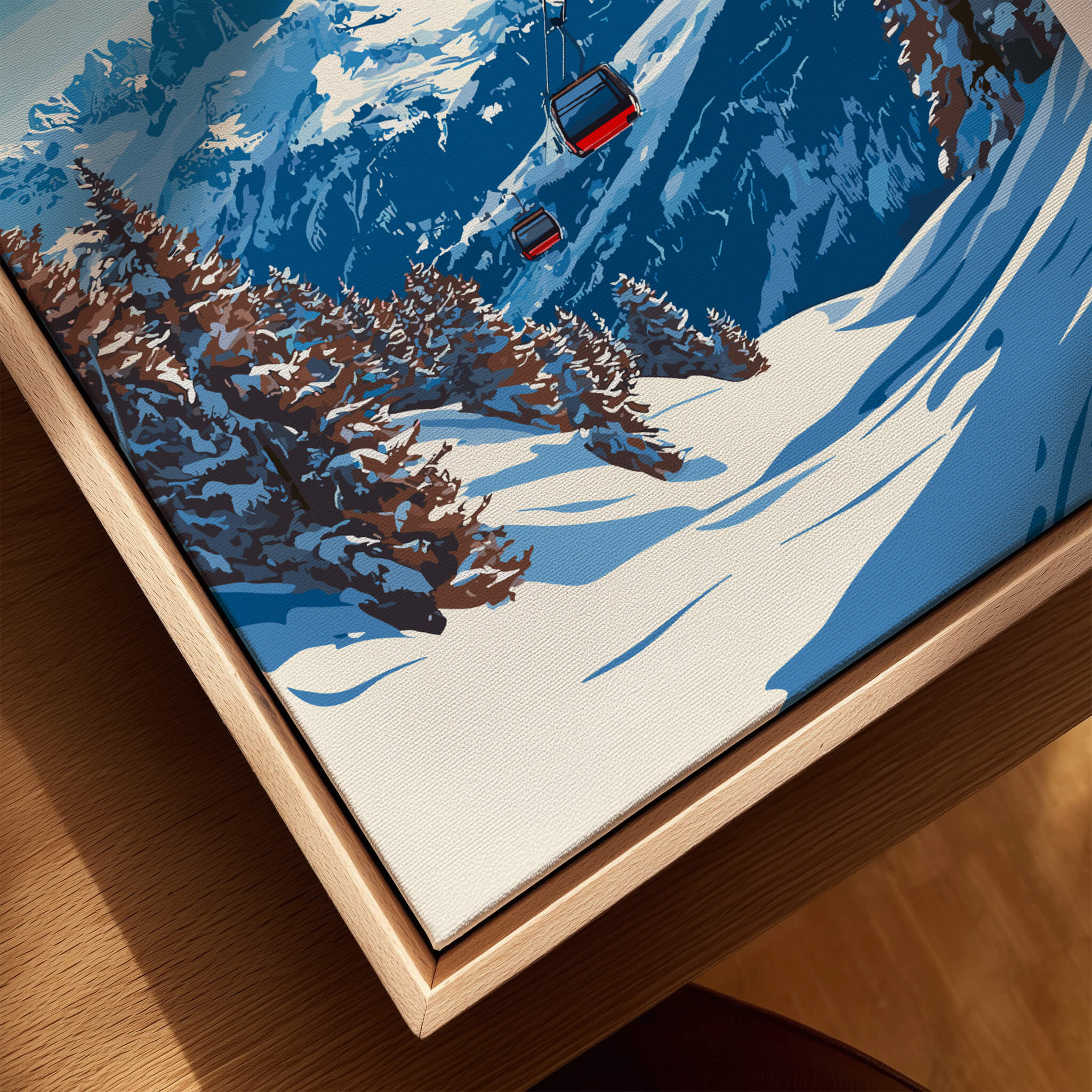 Grand Massif Ski Print featuring snowy slopes and gondola in stunning mountain scenery.