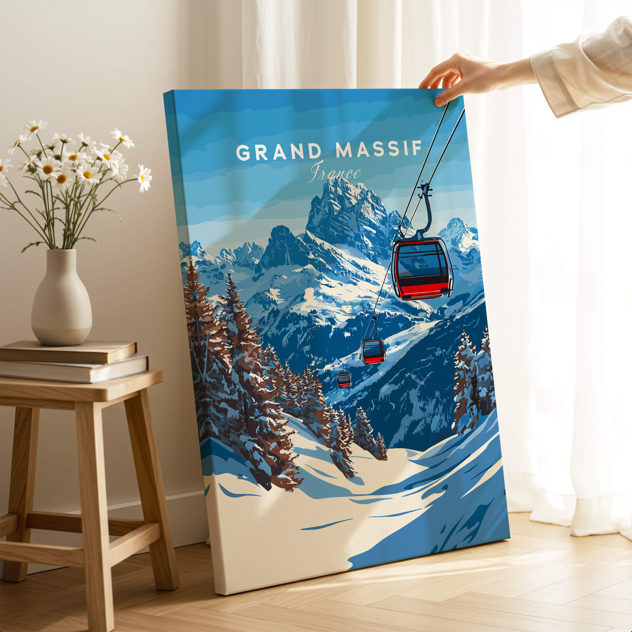 Grand Massif Ski Print featuring a scenic view of cable cars in the French Alps with snow-covered mountains.