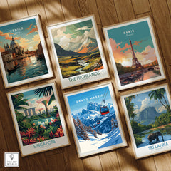 Collection of travel-themed prints including Grand Massif Ski Print, Venice, Paris, Highlands, Singapore, Sri Lanka.
