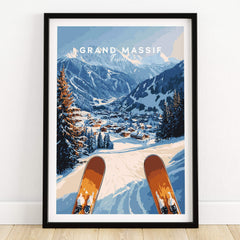 Grand Massif Ski Wall Art featuring a scenic view of the mountains and ski slopes in a stylish frame.