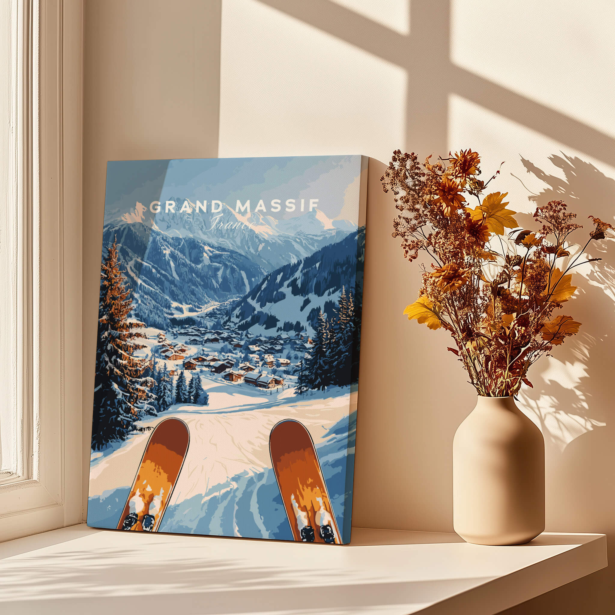 Grand Massif Ski Wall Art showcasing a snowy mountain scene with skis, perfect for home decor.