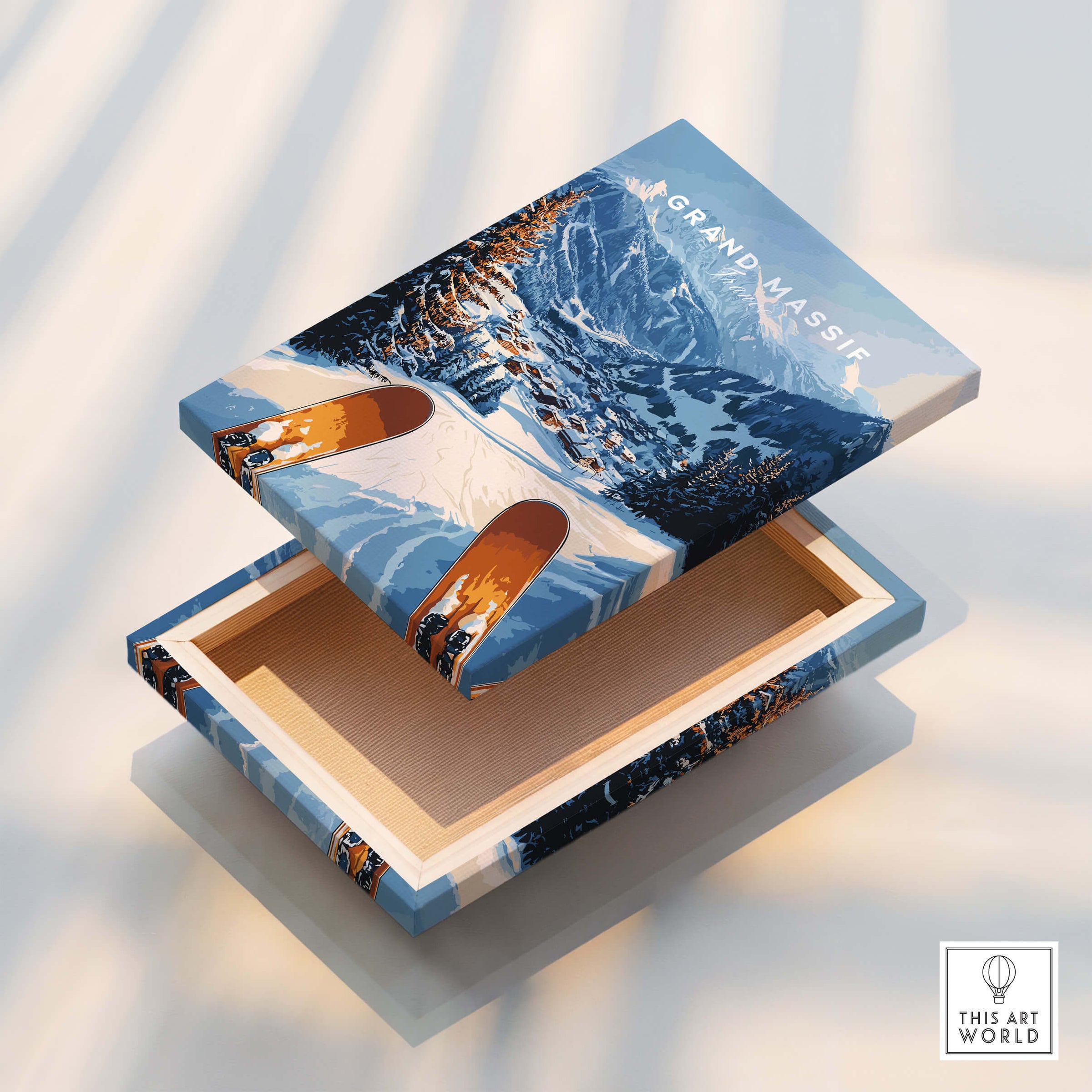 Grand Massif Ski Wall Art box design featuring snowy mountains and ski elements, perfect for home decor.