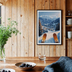Grand Massif Ski Wall Art displayed in a cozy living space with wood accents and fresh flowers.
