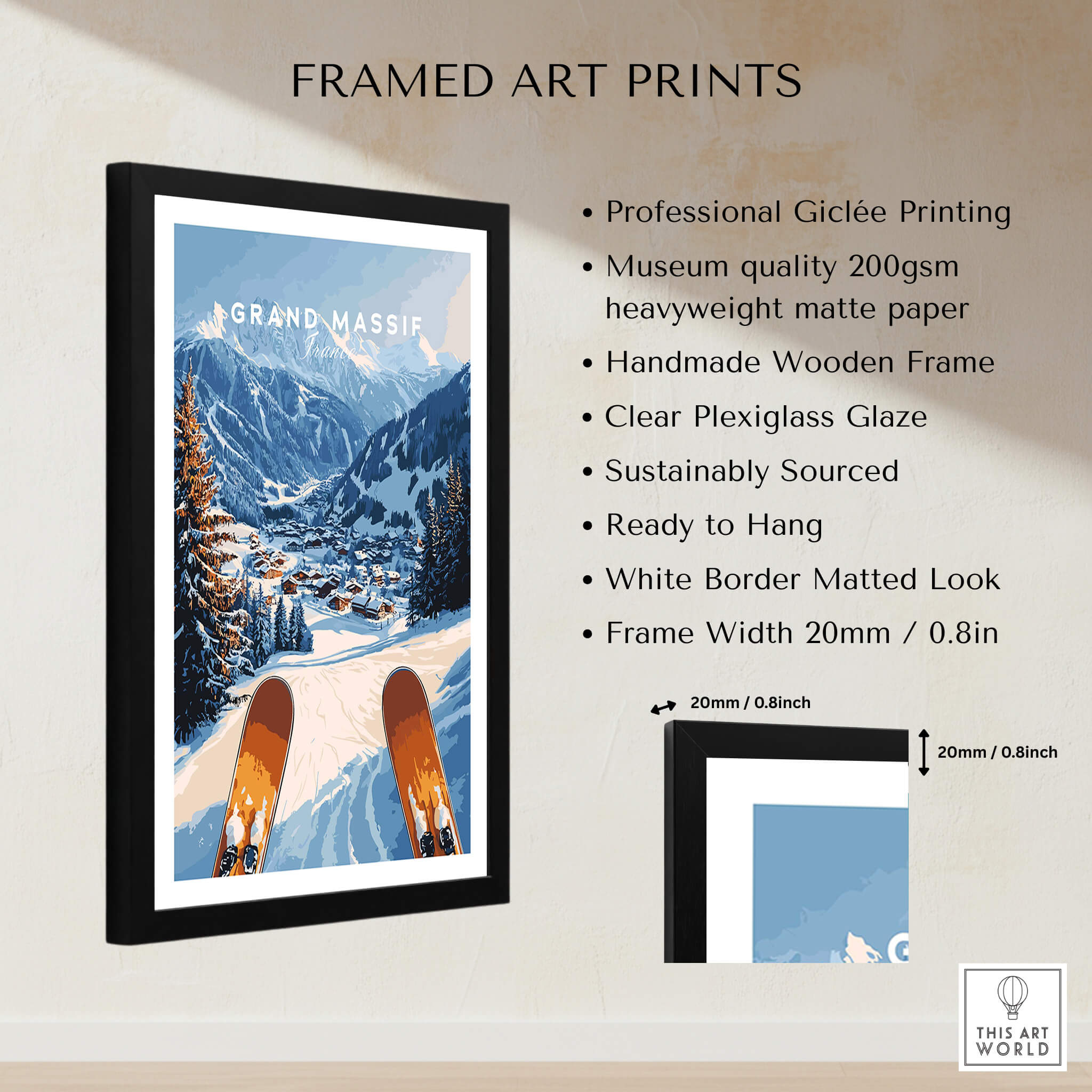 Grand Massif Ski Wall Art framed print showcasing a snowy mountain landscape and ski goggles.