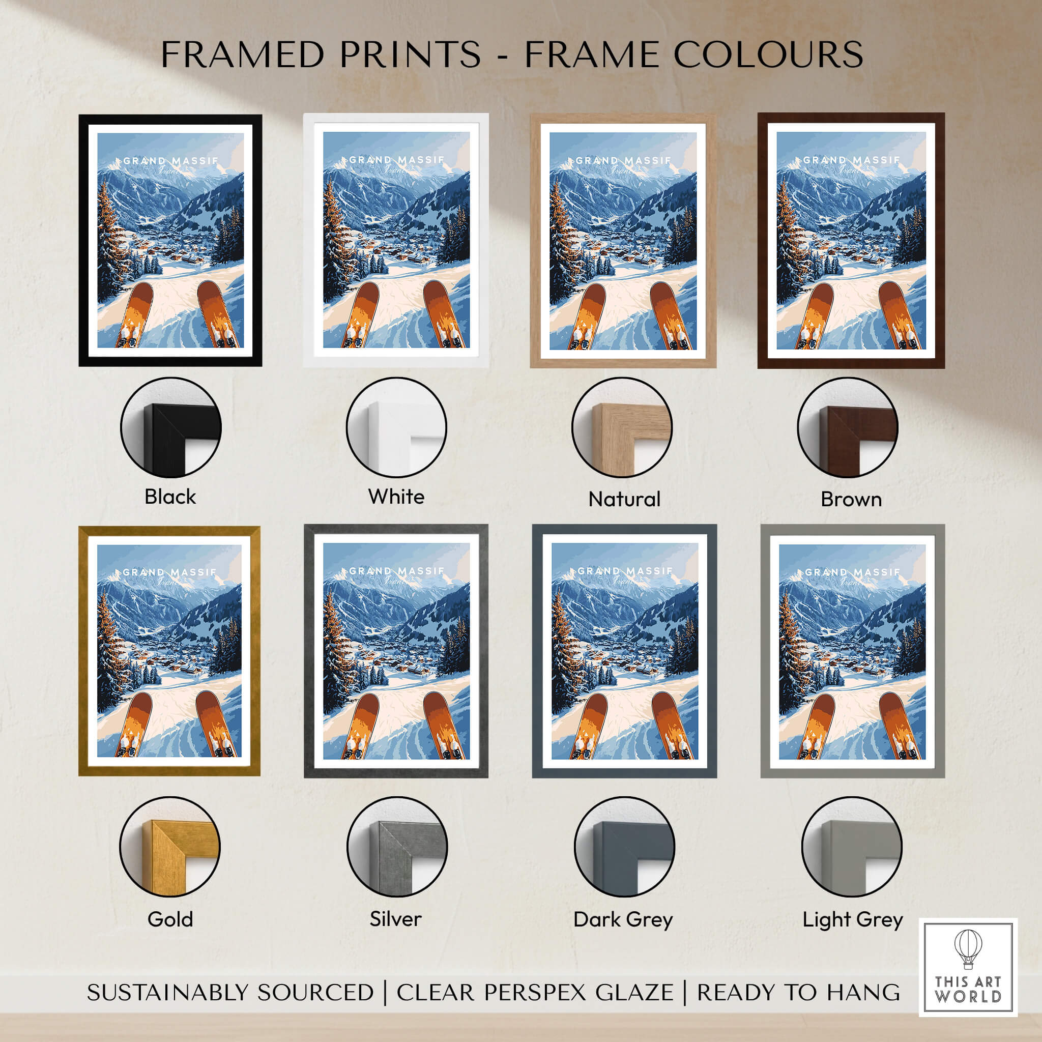 Framed Grand Massif Ski Wall Art prints in various colors: black, white, natural, brown, gold, silver, dark grey, light grey.