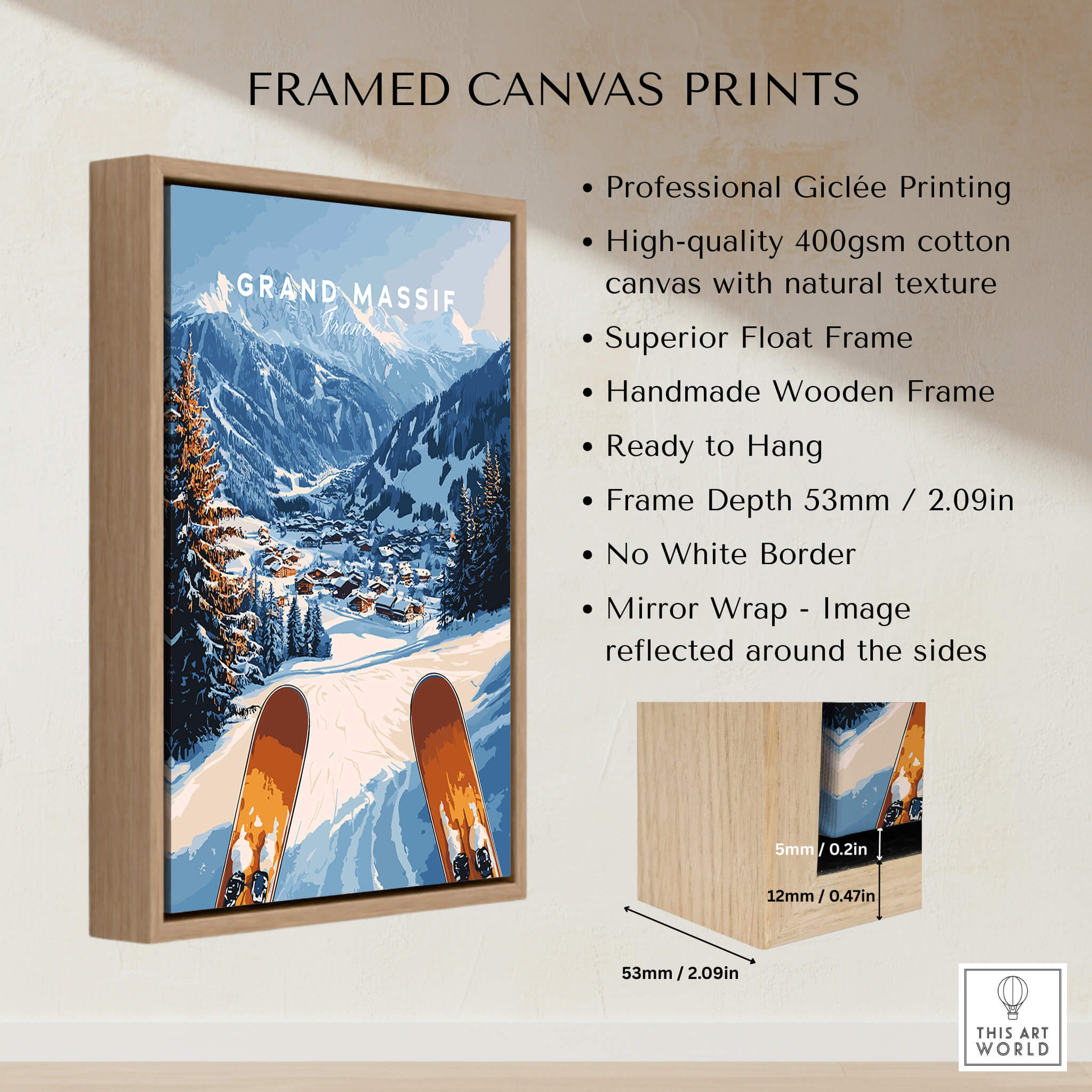Grand Massif Ski Wall Art framed canvas print with professional Giclée printing and natural texture.