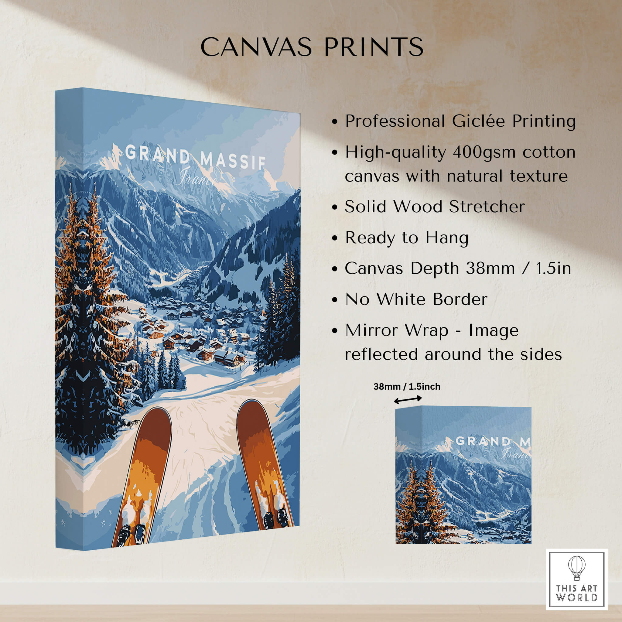 Grand Massif Ski Wall Art on high-quality canvas featuring natural textures and a beautiful ski scene.