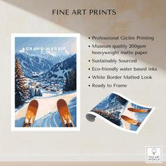 Grand Massif Ski Wall Art featuring a scenic snowy mountain landscape and ski equipment in vibrant colors.
