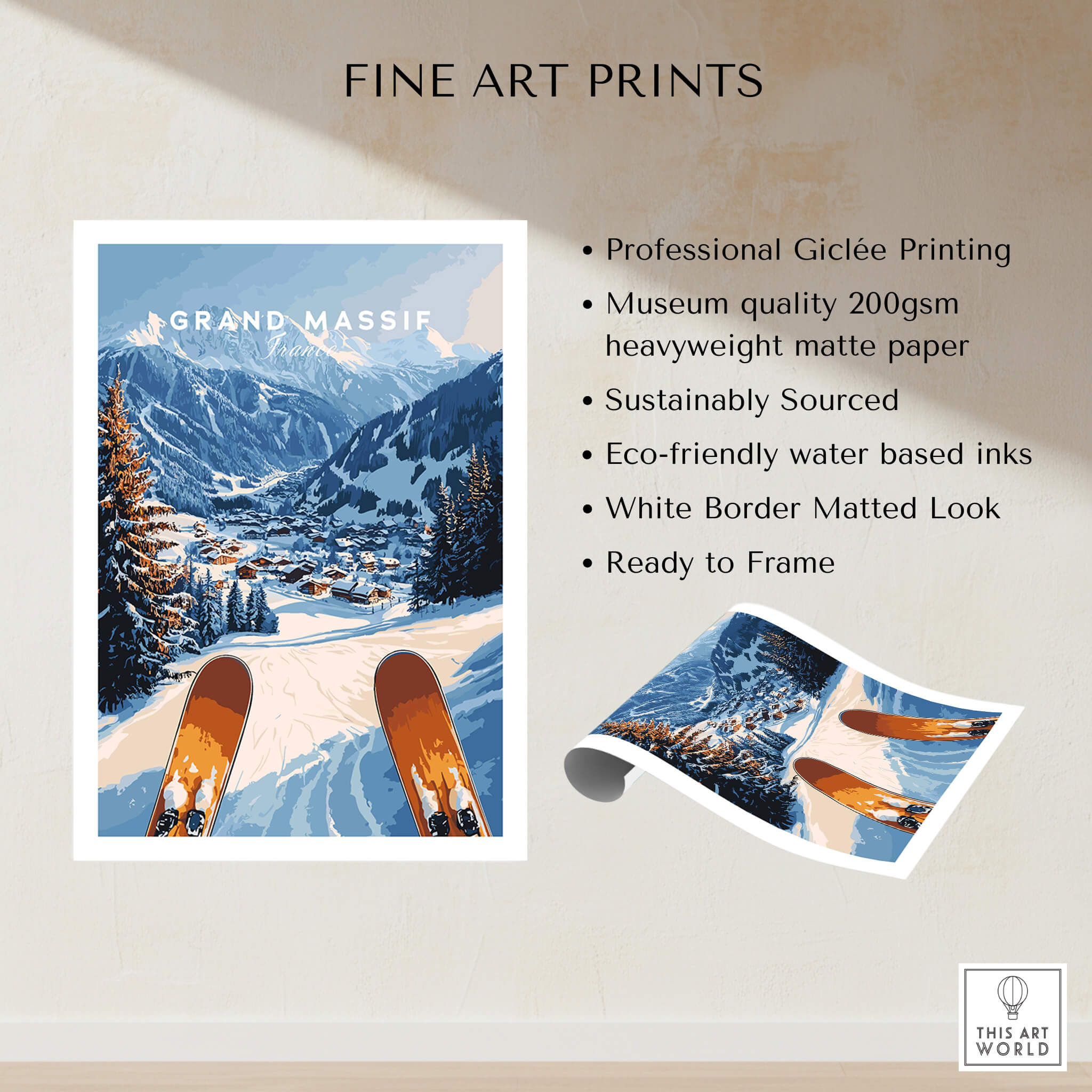 Grand Massif Ski Wall Art featuring a scenic snowy mountain landscape and ski equipment in vibrant colors.