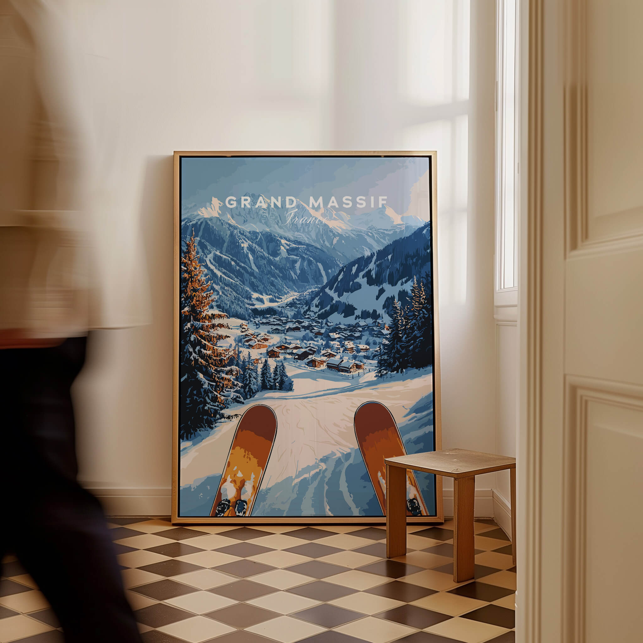 Grand Massif Ski Wall Art in an elegant room, showcasing a scenic mountain view with skis.